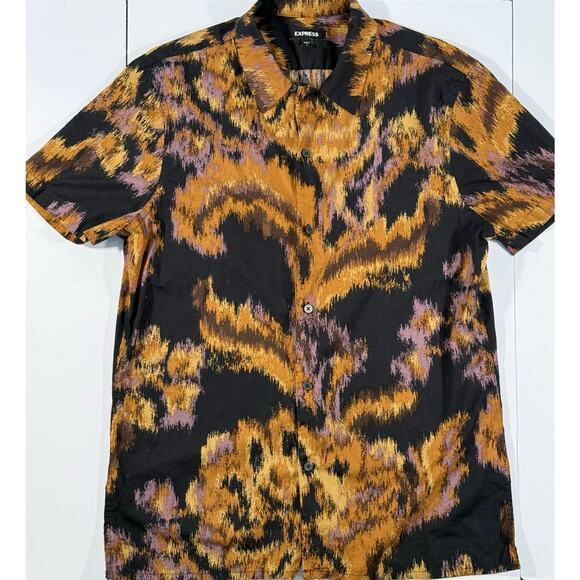 Express Mens Button Up Short Sleeve Wild Safari Print Casual Preppy Size Med - Picture 1 of 4